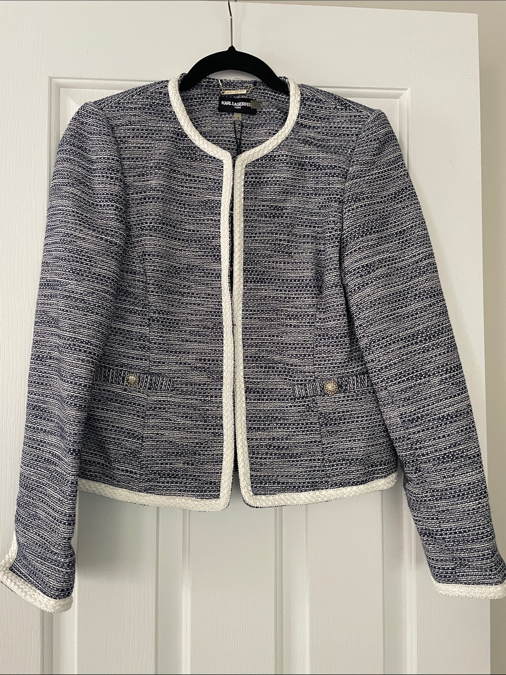 Karl Lagerfeld Navy and White Bouclé Collarless Jacket